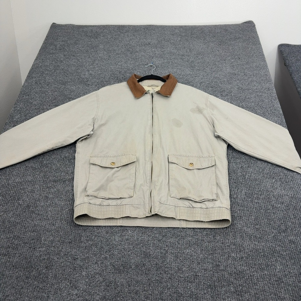 Vintage LL Bean Jacket Mens L Tall Tan Cotton Leather Trim Harrington Bomber